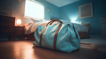 Blue travel bag on the wooden floor in the bedroom. 3d renderingの素材