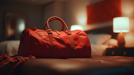 Red travel bag on a bed in a hotel room. Travel conceptの素材