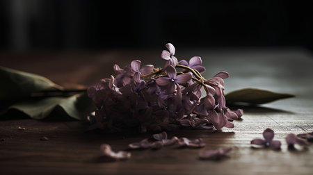 Purple lilac flowers on wooden table, selective focus, vintage styleの素材