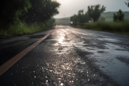 Raindrops on the asphalt road in the countryside at sunset time.の素材