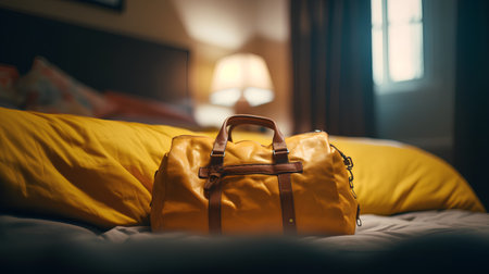 Bag on the bed in the hotel room. Selective focus.の素材