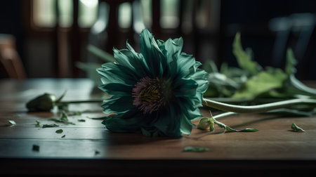 Green dahlia flower on the wooden table. Vintage style.の素材