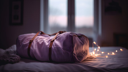 Bag on the bed in the light of a garland.の素材