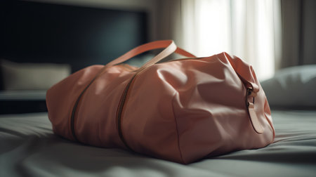 Close up of a brown leather bag on a bed in a hotel roomの素材