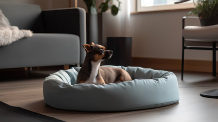 Cute chihuahua dog sitting in beanbag at homeの素材