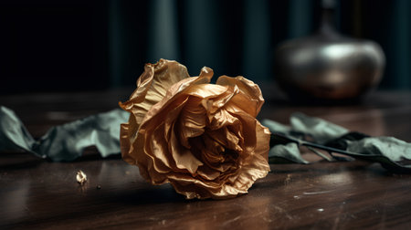 Withered yellow rose on a wooden table. Toned.の素材