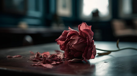 Withered red peony on a table in a church.の素材