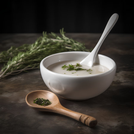 Sour cream soup with dill and rosemary on dark backgroundの素材