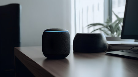 Black speaker on a wooden table in the office. 3d renderingの素材