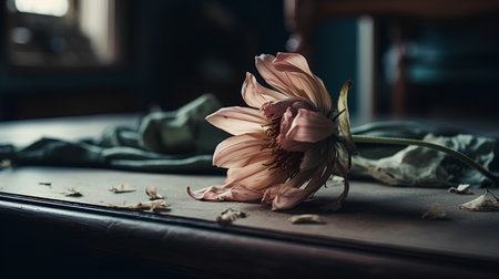 Dried flower on a wooden table. Vintage style toned pictureの素材