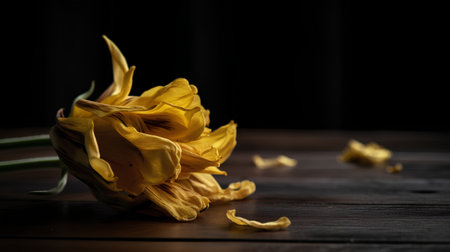 Bouquet of yellow tulips on a dark wooden background.の素材