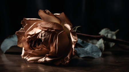 Beautiful orange rose on a wooden table. Dark background. Toned.の素材