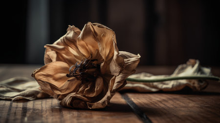 Dried poppy flowers on a wooden table. Selective focus.の素材