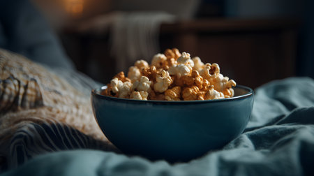 Popcorn in a bowl on the bed. Toned image.の素材