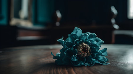 Wedding bouquet of blue peonies on a wooden table.の素材