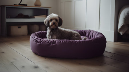 Cute poodle sitting in a beanbag chair at home.の素材