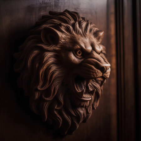 Lion head on a wooden door. Vintage style toned pictureの素材