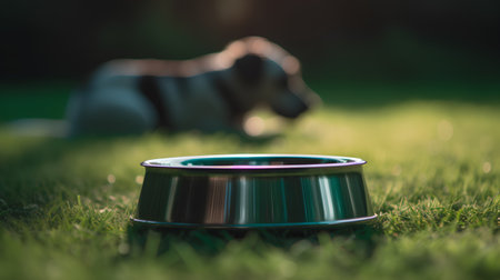 Dog food in metal bowl on green grass. Selective focus.の素材