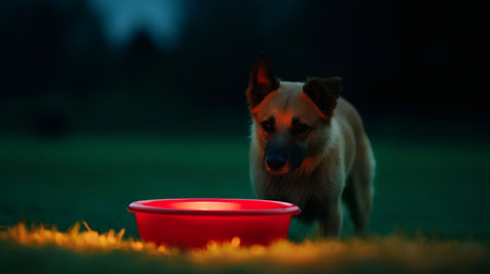 German shepherd dog drinking water from plastic bowl on green grass at nightの素材