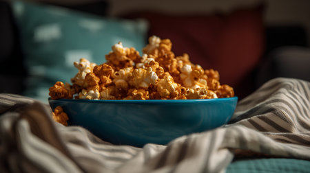 Popcorn in a blue bowl on the bed. Selective focus.の素材