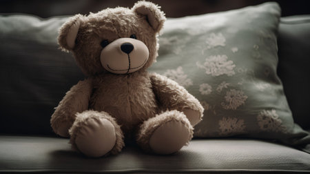 Teddy bear sitting on sofa with pillows. Vintage tone.の素材