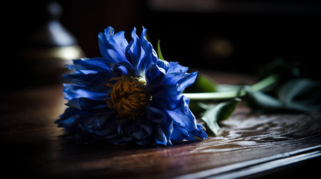 Beautiful blue peony flower on wooden table. Toned.の素材