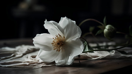 Beautiful white peony flower on a wooden table. Dark background.の素材