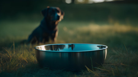 Dog drinking water in a bowl at sunset. Selective focus.の素材