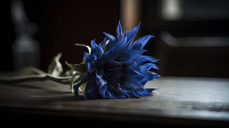 Blue cornflower on a wooden table in a dark room. Toned.の素材