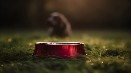 Dog food in a red bowl on the grass with a blurred backgroundの素材