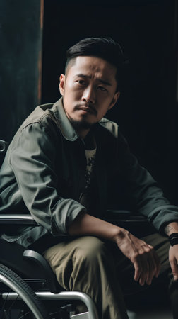 asian man in wheelchair looking at camera while sitting in dark roomの素材