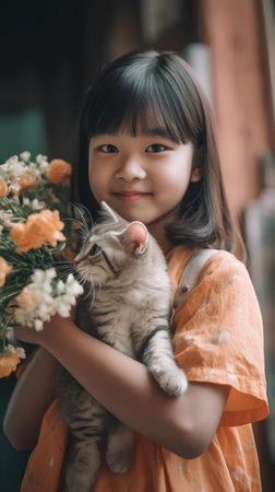 Cute asian little girl holding cat and bouquet of flowersの素材