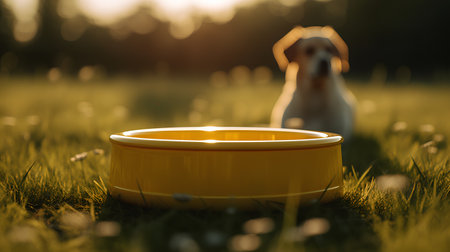 Dog and bowl of water on green grass at sunset. Selective focus.の素材
