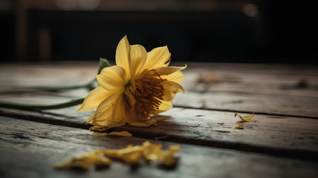 Yellow daffodil on a wooden table. Vintage style.の素材