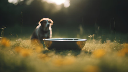 Dog and bowl of water on the meadow in the sunset lightの素材