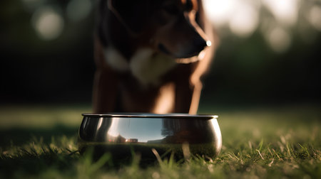 Dog eating from a bowl in the garden at sunset. Selective focus.の素材