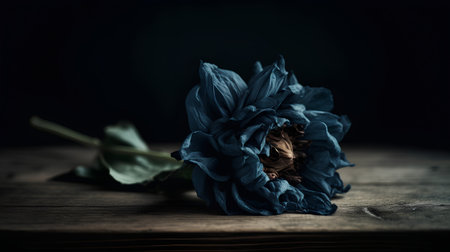 Dry blue tulip on a wooden background. Toned.の素材