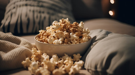 sweet popcorn in a bowl on the bed in the bedroom at nightの素材