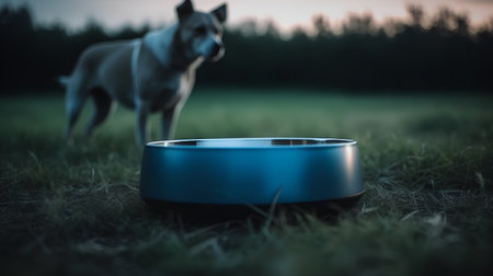 Dog and pet food bowl on the grass in the forest at nightの素材
