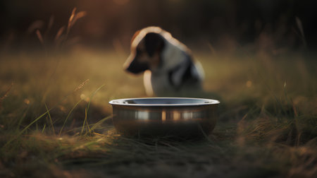 Dog and a bowl of water in the grass at sunset. Selective focus.の素材