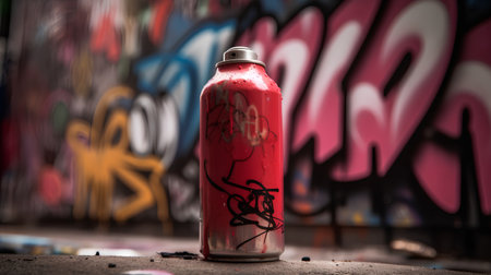 A closeup of a graffiti spray can in a urban environment.の素材
