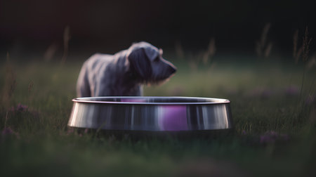 Dog waiting for food in a metal bowl in the grass at sunsetの素材