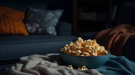 Popcorn in a blue bowl on the background of a cozy sofaの素材