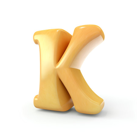 Yellow plastic letter K, 3D rendering graphic isolated on white backgroundの素材