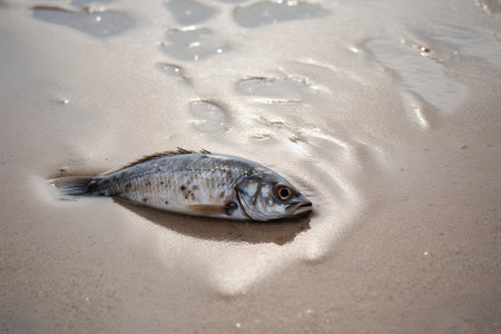 Dead fish on the beach. Dead fish on a sandy beach.の素材