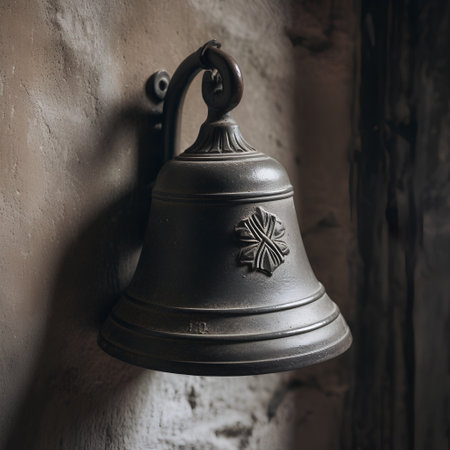 Old bronze bell on the wall. Close up. Selective focus.の素材
