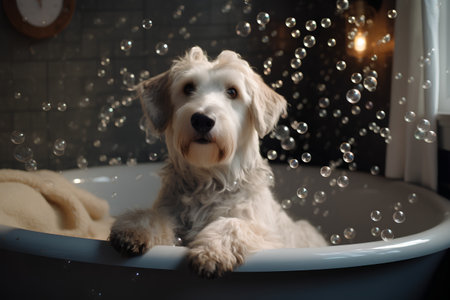 Cute dog taking a bath in a bathtub with soap bubblesの素材