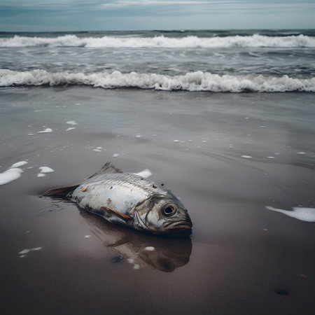 Dead fish on the beach. Dead fish in the sea. The concept of environmental pollution.の素材