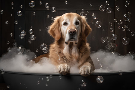 Golden Retriever in a bath with foam and soap bubbles.の素材