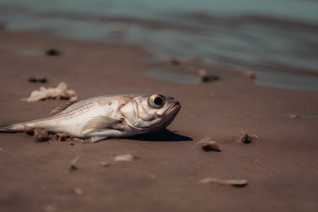 Dead fish on the beach, close-up, selective focus.の素材
